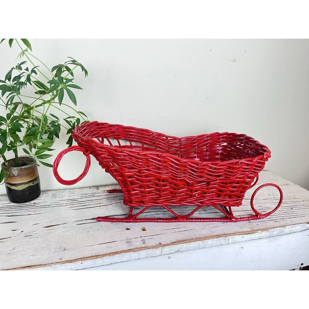 Vintage Rare Large Christmas Red Wicker Santa’s Sled Flower/Gifts Basket 18”